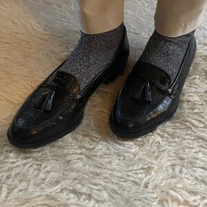 Black leather croc embossed tassels loafers SZ 7M